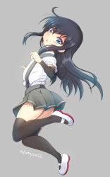 Rule 34 | 1girl, arm warmers, asashio (kancolle), black hair, black thighhighs, blue eyes, dress shirt, highres, kantai collection, long hair, looking at viewer, mary janes, open mouth, shirt, shoes, skirt, solo, suspenders, tamayan, thighhighs, twitter username