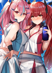 Rule 34 | 2girls, :p, adapted costume, azur lane, bad id, bad pixiv id, bare shoulders, black ribbon, blue background, blush, bottle, breasts, bremerton (azur lane), bremerton (azur lane) (cosplay), bremerton (scorching-hot training) (azur lane), chain-link fence, cleavage, closed mouth, collarbone, collared shirt, commentary request, cosplay, cowboy shot, crop top, crop top overhang, fence, green shirt, green skirt, grey hair, hair between eyes, hair intakes, hair ornament, hair ribbon, hairclip, highres, holding, holding bottle, honolulu (azur lane), large breasts, long hair, look-alike, looking at viewer, midriff, miyasaka miyabi, mole, mole under eye, multicolored hair, multiple girls, nose blush, pink eyes, pink hair, profile, red eyes, red hair, red shirt, red skirt, ribbon, shirt, sidelocks, skirt, sleeveless, sleeveless shirt, smile, sportswear, standing, streaked hair, tennis uniform, tongue, tongue out, twintails, two-tone hair, two-tone shirt, two-tone skirt, water bottle, white shirt, white skirt, wristband, x hair ornament