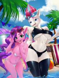 Rule 34 | 2girls, absurdres, animal ears, animal nose, ball, beach, beachball, bikini, black bikini, blue eyes, blue sky, breasts, cloud, colored skin, day, eyewear on head, furry, furry female, glasses, green eyes, highres, large breasts, looking at viewer, multiple girls, my little pony, non-web source, ocean, open mouth, outdoors, palm tree, pink skin, purple hair, sand, short hair, sky, smile, sparkitty, sunglasses, swimsuit, tail, tree, water, white bikini, white skin, wings