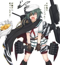 Rule 34 | 10s, 1girl, alcohol, ammunition belt, cape, cup, drinking glass, eyepatch, closed eyes, food, gloves, green hair, hat, ice, kantai collection, kiso (kancolle), open mouth, pudding, remodel (kantai collection), school uniform, serafuku, skirt, takaman (gaffe), teikoku, translation request, turret, uniform, weapon, wine, wine glass