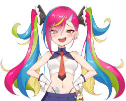 Rule 34 | + +, 1girl, bare shoulders, blue skirt, blush, cleavage cutout, clothing cutout, collared shirt, gloves, hands on own hips, highres, hongye feixue, horns, long hair, looking at viewer, multicolored hair, navel, necktie, original, red necktie, shirt, skirt, sleeveless, solo, twintails, white background, white gloves