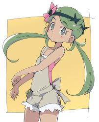 Rule 34 | 1girl, creatures (company), dark-skinned female, dark skin, flower, game freak, green eyes, green hair, green hairband, hair flower, hair ornament, hairband, ixy, long hair, looking at viewer, mallow (pokemon), nintendo, overalls, pokemon, pokemon sm, solo, trial captain, twintails