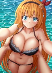 Rule 34 | 1boy, 1girl, bare shoulders, bikini, black bikini, black hairband, blue eyes, blush, breasts, closed mouth, collarbone, commentary, day, flower, front-tie bikini top, front-tie top, grabbing, grabbing another&#039;s breast, groin, hair between eyes, hair ribbon, hairband, highres, kazenokaze, large breasts, long hair, looking at viewer, navel, orange hair, outdoors, outstretched arms, pecorine (princess connect!), pecorine (summer) (princess connect!), pov, pov hands, princess connect!, reaching, reaching towards viewer, red ribbon, ribbon, romaji commentary, rose, side-tie bikini bottom, smile, solo focus, sparkle, swimsuit, thigh gap, water, yellow flower, yellow rose