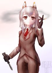 Rule 34 | 1girl, alternate costume, artist name, ayanami (azur lane), azur lane, balisong, black gloves, cigarette, collared shirt, commentary, crossover, english commentary, expressionless, formal, gloves, hair between eyes, highres, holding, holding cigarette, holding knife, holding weapon, knife, kreuzer 00, looking at viewer, necktie, pinstripe pattern, pinstripe suit, ponytail, red eyes, red necktie, red spy (tf2), shirt, sidelocks, signature, silver hair, solo, spy (tf2), standing, striped, suit, team fortress 2, weapon