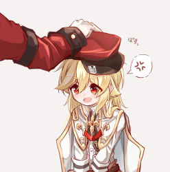 Rule 34 | 1girl, :d, anger vein, blonde hair, blush, center frills, commander (girls&#039; frontline), commentary request, frills, girls&#039; frontline, gloves, grey background, griffin &amp; kryuger military uniform, hair between eyes, hat, headpat, highres, jacket, long hair, long sleeves, matsuo (matuonoie), nagant revolver (girls&#039; frontline), open mouth, out of frame, peaked cap, red eyes, red hat, shirt, simple background, smile, solo focus, spoken anger vein, white gloves, white jacket, white shirt