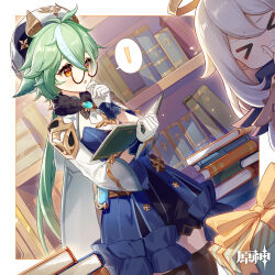 ! 2girls absurdres animal_ears breasts cat_ears closed_eyes finger_to_mouth genshin_impact glasses gloves green_hair hair_between_eyes hat highres long_hair long_sleeves low_ponytail multicolored_hair multiple_girls official_art open_mouth orange_eyes paimon_(genshin_impact) ponytail semi-rimless_eyewear shushing small_breasts spoken_exclamation_mark streaked_hair sucrose_(genshin_impact) thighhighs vision_(genshin_impact)