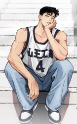 Rule 34 | 1boy, basketball jersey, basketball uniform, black eyes, black hair, blue pants, denim, fukatsu kazunari, hand on own face, highres, jeans, jewelry, light smile, looking at viewer, male focus, pants, pectoral cleavage, pectorals, ring, shadow, shoes, short hair, sitting, sitting on stairs, slam dunk (series), sneakers, solo, sportswear, stairs, tank top, toned, toned male, two-tone footwear, universe319, white tank top