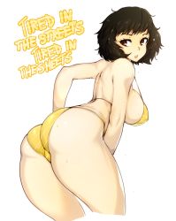 Rule 34 | 1girl, ass, bad id, bad twitter id, bent over, bikini, breasts, brown eyes, cropped legs, english text, highres, kawakami sadayo, large breasts, looking back, parted lips, persona, persona 5, short hair, sideboob, simple background, slugbox, solo, striped bikini, striped clothes, swimsuit, text focus, thick thighs, thighs, white background, yellow bikini