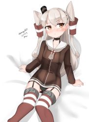 Rule 34 | 1girl, absurdres, amatsukaze (kancolle), black choker, black panties, brown eyes, choker, closed mouth, dated, garter straps, grey hair, hair tubes, highres, kantai collection, long hair, looking at viewer, maru (marg0613), one-hour drawing challenge, panties, school uniform, serafuku, simple background, sitting, solo, striped clothes, striped thighhighs, thighhighs, twintails, twitter username, underwear, white background