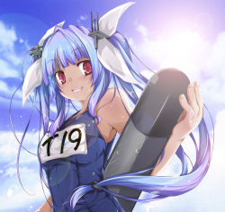Rule 34 | 10s, 1girl, blue hair, blush, dark skin, dark-skinned female, hair ornament, i-19 (kancolle), kantai collection, one-piece swimsuit, open mouth, personification, red eyes, school swimsuit, smile, solo, swimsuit, torpedo, twintails, yumesato makura