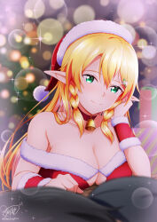 Rule 34 | 1girl, 1other, ambiguous gender, arm warmers, bell, blonde hair, blurry, blurry foreground, breasts, christmas, christmas present, christmas tree, christmas tree hair ornament, cleavage, collar, elf, fairy (sao), fur-trimmed headwear, fur trim, gift, green eyes, hair ornament, hat, highres, ken-ji, kirito, leafa, long hair, neck bell, pointy ears, red arm warmers, santa hat, signature, smile, sparkle, sword art online, twitter username, very long hair