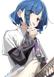 Rule 34 | 1girl, absurdres, blue hair, bocchi the rock!, closed mouth, collared shirt, ear piercing, electric guitar, guitar, haruyuki (gffewuoutgblubh), highres, instrument, layered sleeves, long sleeves, mole, mole under eye, piercing, shirt, short hair, short over long sleeves, short sleeves, simple background, solo, tongue, tongue out, upper body, white background, white shirt, yamada ryo, yellow eyes