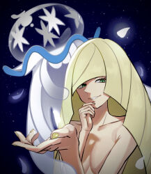 Rule 34 | 1girl, blonde hair, blunt bangs, breasts, collarbone, commentary request, creatures (company), echizen (n fns17), eyelashes, game freak, gen 7 pokemon, green eyes, grin, hand on own chin, hands up, highres, long hair, looking at viewer, looking down, lusamine (pokemon), medium breasts, nail polish, nihilego, nintendo, nude, outdoors, pokemon, pokemon (creature), pokemon sm, smile, space, stroking own chin, ultra beast, yellow nails