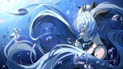 1girl absurdres black_dress blue_hair bow bubble closed_eyes daraamji2 diffraction_spikes dress fish frills hair_bow hatsune_miku highres looking_to_the_side open_mouth shadow shinkai_shoujo_(vocaloid) sinking twintails underwater vocaloid