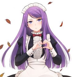 Rule 34 | 1girl, alternate costume, apron, bow, bowtie, enmaided, hatsukoi zombie, heart, heart hands, highres, ibusuki ririto, leaf, long hair, long sleeves, looking at viewer, maid, maid apron, maid headdress, minenami ryou, official art, purple eyes, purple hair, red bow, red bowtie, solo, spoilers, wig, yame ririsu
