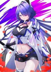 Rule 34 | 1girl, absurdres, acheron (honkai: star rail), alphaart, black choker, black gloves, black shorts, breasts, choker, cleavage, coat, gloves, hair over one eye, highres, honkai: star rail, honkai (series), large breasts, long hair, looking at viewer, midriff, navel, purple eyes, purple hair, short shorts, shorts, single bare shoulder, solo, stomach, thighs, very long hair, white coat