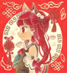 Rule 34 | 1girl, alternate hairstyle, animal ears, bow, cat ears, closed mouth, earrings, extra ears, from side, hair bow, jewelry, kaenbyou rin, long hair, red background, red bow, red eyes, sasa6666s, solo, touhou, traditional media, upper body