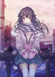 Rule 34 | 1girl, black hair, blue skirt, blurry, blurry background, blush, box, closed mouth, cloud, cloudy sky, depth of field, fur-trimmed jacket, fur trim, gift, gift box, hair between eyes, hair ornament, holding, holding gift, jacket, lloule, long hair, long sleeves, looking at viewer, mittens, open clothes, open jacket, original, outdoors, pink mittens, pink sweater, pleated skirt, purple eyes, purple scarf, railing, ribbed sweater, scarf, sitting, skirt, sky, solo, sunset, sweater, thighhighs, white jacket, white thighhighs, x hair ornament