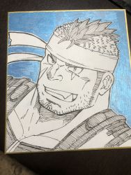 Rule 34 | &gt;:), 1boy, beard, blue background, blush, commentary request, ei (marutendon), facial hair, facial scar, fang, grin, harness, headband, highres, light blush, live a hero, long sideburns, looking at viewer, male focus, mature male, multicolored hair, muscular, muscular male, nib pen (medium), painting (medium), photo (medium), portrait, scar, scar across eye, scar on cheek, scar on face, shikishi, short hair, sideburns, smile, solo, stubble, traditional media, two-tone hair, v-shaped eyebrows, yoshiori (live a hero)