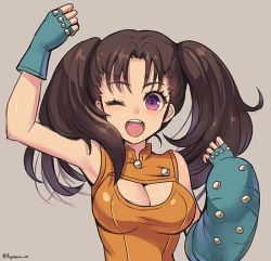 Rule 34 | 10s, 1girl, ;d, armpits, asymmetrical gloves, bare shoulders, blue gloves, breasts, brown hair, cleavage, cleavage cutout, clothing cutout, diane (nanatsu no taizai), fingerless gloves, fujimaru (green sparrow), gloves, grey background, halterneck, large breasts, leotard, long hair, looking at viewer, nanatsu no taizai, one eye closed, open mouth, parted bangs, purple eyes, simple background, smile, solo, teeth, twintails, twitter username, uneven gloves, upper teeth only
