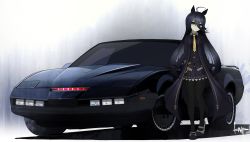 Rule 34 | 1girl, absurdres, ahoge, animal ears, artist name, belly chain, black coat, black gloves, black hair, black pantyhose, black shirt, black skirt, blouse, car, closed mouth, coat, collared shirt, commentary, crossover, dress shirt, gloves, hair between eyes, heel up, highres, horse ears, horse girl, horse tail, jewelry, k.i.t.t, kano (nakanotakahiro1029), knight rider, long bangs, long coat, long hair, long sleeves, looking at viewer, manhattan cafe (umamusume), mary janes, miniskirt, motor vehicle, necktie, open clothes, open coat, pantyhose, pleated skirt, pontiac firebird, shadow, shirt, shoes, signature, skirt, smile, solo, standing, tail, umamusume, vehicle focus, wing collar, yellow eyes, yellow necktie