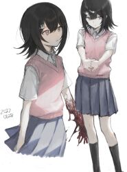 Rule 34 | 1girl, black hair, black socks, blood, blue skirt, body horror, closed mouth, commentary request, cracking knuckles, cropped legs, dated, expressionless, feet out of frame, flipped hair, guro, hai (haihki), hair ornament, highres, interlocked fingers, kneehighs, melting, multiple views, original, outstretched arms, pale skin, parted lips, pink eyes, pink sweater vest, pleated skirt, rabbit hair ornament, school uniform, shirt, short hair, short sleeves, sideways glance, simple background, skirt, socks, stretching, sweater vest, white background, white shirt