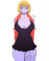 Rule 34 | 1girl, bare shoulders, black dress, blonde hair, bob cut, breasts, dress, expressionless, female focus, grey eyes, highres, large breasts, looking at viewer, one piece, ornament, pouch, scar, scarf, short hair, solo, tattoo, thick thighs, thighs, victoria cindry, zombie, zombie girl