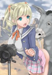 Rule 34 | 1girl, animal, ass, bestiality, blonde hair, bow, bowtie, camera, donkey, imminent penetration, imminent rape, interspecies, outdoors, panties, skirt, skirt flip, torn clothes, twintails, underwear, white panties, zhean li