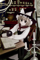Rule 34 | 1girl, bad id, blush stickers, book, bow, bowl, broom, candle, candlestand, cauldron, chair, female focus, flat chest, frilled hat, frills, hat, hat bow, holding, indoors, jar, kirisame marisa, light smile, long sleeves, neckerchief, oisin, open book, orb, parody, perfect cherry blossom, scroll, short hair, silver hair, sitting, smile, solo, style parody, table, touhou, wavy hair, witch, witch hat, zun (style)
