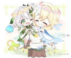Rule 34 | 2girls, ;d, ^ ^, birthday cake, blonde hair, cake, cape, chibi, closed eyes, commentary request, detached sleeves, dress, feather hair ornament, feathers, flower, food, fungi (genshin impact), genshin impact, gradient hair, green eyes, hair between eyes, hair flower, hair ornament, head wreath, hoshiusagi no chloe, hug, long hair, long sleeves, looking at another, lumine (genshin impact), multicolored hair, multiple girls, nahida (genshin impact), one eye closed, open mouth, short hair, short hair with long locks, short sleeves, side ponytail, sidelocks, sitting, sitting on tree stump, smile, symbol-shaped pupils, tree stump, twitter username, white dress, white hair