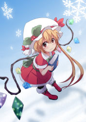Rule 34 | 1girl, black pantyhose, blonde hair, blush, book, boots, capelet, female focus, flandre scarlet, hat, hat ribbon, highres, holding, holding book, looking at viewer, noa (nagareboshi), pantyhose, red eyes, ribbon, side ponytail, smile, snowflakes, solo, touhou, wings