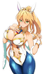 Rule 34 | 1girl, animal ears, artoria pendragon (all), artoria pendragon (fate), artoria pendragon (swimsuit ruler) (fate), bare shoulders, between breasts, blonde hair, blue pantyhose, blush, breasts, card, closed mouth, clothing cutout, detached collar, fake animal ears, fate/grand order, fate (series), fishnet pantyhose, fishnets, green eyes, hair between eyes, highleg, highleg leotard, highres, large breasts, leotard, long hair, looking at viewer, navel, navel cutout, necktie, pantyhose, playboy bunny, ponytail, rabbit ears, sidelocks, simple background, solo, tiara, tokiwa midori (kyokutou funamushi), white background, white leotard, wrist cuffs