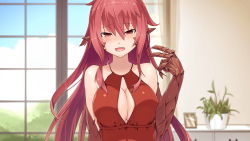 Rule 34 | 1girl, artist request, bare shoulders, blush, breasts, cleavage, dress, game cg, hair between eyes, indoors, large breasts, long hair, looking at viewer, monster girl, monster musume no iru nichijou, monster musume no iru nichijou online, official art, open mouth, pointy ears, red dress, red eyes, red hair, reptile girl, sala (monster musume), scales, slit pupils, solo, strapless, strapless dress
