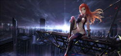 Rule 34 | 1girl, asymmetrical clothes, breasts, cityscape, cleavage, elbow gloves, english text, facial mark, forehead mark, gloves, green eyes, highres, long hair, looking at viewer, medium breasts, navel, original, red hair, revealing clothes, single elbow glove, single thighhigh, sitting, solo, thighhighs, wangchuan de quanyan, wind