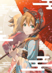 Rule 34 | 3girls, alice gear aegis, animal ears, brown hair, extra ears, hair ornament, highres, japanese clothes, kimono, kotomura amane, long hair, looking at viewer, low twintails, multiple girls, obi, obiage, oil-paper umbrella, pinakes, sash, solo focus, tiger ears, twintails, umbrella