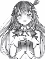 Rule 34 | 1girl, :d, blush, bow, bowtie, greyscale, hair flaps, hair ornament, highres, hololive, interlocked fingers, long hair, looking at viewer, monochrome, nanashi (nlo), open mouth, own hands together, simple background, smile, solo, star (symbol), star hair ornament, tokino sora, tokino sora (1st costume), vest, virtual youtuber, white background