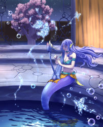 Rule 34 | 1girl, ater9, bad id, bad pixiv id, blue hair, breasts, bubble, cherry blossoms, cleavage, collarbone, commentary request, fins, hair between eyes, head fins, highres, holding, holding instrument, instrument, long hair, mermaid, monster girl, music, navel, night, night sky, original, outdoors, playing instrument, reflection, sitting, sky, solo, star (sky), starry sky, tree, water