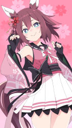 Rule 34 | 1girl, animal ears, black gloves, blue eyes, brown hair, closed mouth, commentary request, detached sleeves, fingerless gloves, floral print, flower, gloves, hair between eyes, hair flower, hair ornament, horse ears, horse girl, horse tail, ixy, looking at viewer, obi, pink background, sakura chiyono o (umamusume), sash, short hair, skirt, solo, standing, tail, thighs, umamusume, white skirt, wide sleeves