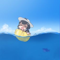 Rule 34 | 1girl, = =, afloat, barefoot, black hair, black shorts, bow, chibi, cloud, crying, day, granblue fantasy, hair bobbles, hair bow, hair ornament, hat, highres, inflatable toy, ocean, open mouth, outdoors, saitou touko, shark, shorts, solo, sun hat, tears, vikala (granblue fantasy), water, white hat
