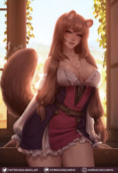 Rule 34 | 1girl, animal ear fluff, animal ears, backlighting, bare shoulders, belt, breast tattoo, breasts, brown hair, chest tattoo, commentary, contrapposto, day, detached sleeves, dress, english commentary, highres, large breasts, light brown hair, lips, long hair, long sleeves, looking at viewer, low-tied long hair, low twintails, luminyu, parted lips, raccoon ears, raccoon girl, raccoon tail, raphtalia, red eyes, short dress, signature, slave tattoo, solo, strapless, strapless dress, studded bracelet, tail, tate no yuusha no nariagari, tattoo, thighs, twintails, very long hair, windowsill