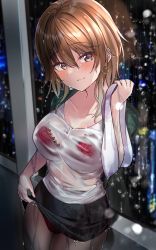 Rule 34 | 1girl, against window, aketa mikoto, black skirt, blush, bra, breasts, brown hair, brown pantyhose, cleavage, closed mouth, clothes lift, collarbone, earrings, green eyes, highres, holding, holding towel, hoop earrings, idolmaster, idolmaster shiny colors, indoors, jewelry, large breasts, lifting own clothes, looking at viewer, navel, night, panties, panties under pantyhose, pantyhose, pencil skirt, rain, red bra, red panties, see-through, shiitake taishi, shirt, short hair, sidelocks, skirt, skirt lift, smile, solo, towel, underwear, wet, wet clothes, wet shirt, wet skirt, white shirt, window