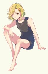 Rule 34 | 1other, 24mbb, alternate costume, antenna hair, bare arms, bare shoulders, barefoot, blonde hair, feet, gnosia, hair between eyes, hair ornament, hairclip, highres, looking at viewer, other focus, red eyes, setsu (gnosia), short hair, simple background, solo, toes