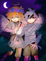 2boys angel_wings basil_(faraway)_(omori) basil_(omori) black_eyes black_hair blonde_hair blue_eyes bright_pupils brown_footwear brown_shorts crescent_moon fake_halo fake_wings halloween halloween_costume halo head_wreath highres holding holding_knife knife looking_at_another lower_teeth_only male_focus moon multiple_boys mummy_costume night night_sky omori open_mouth outdoors parted_lips sandals short_hair shorts sky sunny_(omori) teeth tree vlhbm6uryy11316 white_pupils wings