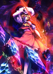 Rule 34 | 1girl, absurdres, ascot, blonde hair, chain, cuffs, embodiment of scarlet devil, female focus, flandre scarlet, frilled skirt, frills, glowing, glowing eyes, grin, hat, highres, laevatein, looking at viewer, red eyes, red skirt, shackles, sharp teeth, short hair, side ponytail, skirt, skirt set, smile, solo, teeth, touhou, tro (trombe), weapon, wings