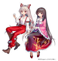 Rule 34 | 2girls, ainy, arm belt, bamboo print, black hair, boots, bow, bowtie, brown eyes, brown footwear, choko (cup), cup, drunk, frilled sleeves, frills, fujiwara no mokou, full body, hair bow, holding, holding cup, houraisan kaguya, invisible chair, long hair, long sleeves, multiple girls, ofuda, open mouth, pants, pink shirt, red eyes, red footwear, red pants, red skirt, shirt, silver hair, simple background, sitting, skirt, slippers, squeans, suspenders, tokkuri, touhou, v-shaped eyebrows, very long hair, white background, white bow, white neckwear, wide sleeves