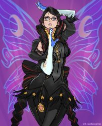 Rule 34 | 1girl, bayonetta, bayonetta (series), bayonetta 3, black hair, braid, clothing cutout, earrings, glasses, gloves, highres, jewelry, lipstick, long hair, looking at viewer, makeup, mole, mole under mouth, multicolored hair, red hair, ribbon, simple background, smile, solo, streaked hair, twin braids, wallace pires, wings