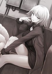 Rule 34 | 1girl, akita hika, bad id, bad twitter id, breasts, commentary request, fate/grand order, fate (series), fur-trimmed sleeves, fur collar, fur trim, hand on own face, highres, jacket, jeanne d&#039;arc (fate), jeanne d&#039;arc alter (fate), jeanne d&#039;arc alter (ver. shinjuku 1999) (fate), jewelry, long sleeves, looking at viewer, medium breasts, necklace, official alternate costume, open clothes, open jacket, sepia, shirt, short hair, sitting, solo