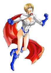 Rule 34 | 1girl, alien, belt, blonde hair, blue eyes, blue footwear, boots, breasts, cape, cleavage, cleavage cutout, clothing cutout, dc comics, female focus, flying, gloves, highres, kryptonian, leotard, petri, power girl, red cape, shoes, short hair, solo