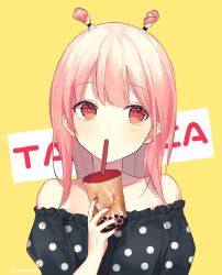 Rule 34 | 1girl, bare shoulders, black shirt, blush, bubble tea, collarbone, commentary request, cup, disposable cup, drinking, drinking straw, holding, holding cup, long hair, off-shoulder shirt, off shoulder, original, pink hair, polka dot, polka dot shirt, puffy short sleeves, puffy sleeves, red eyes, shirt, short sleeves, silltare, solo, twitter username, two side up, upper body, yellow background