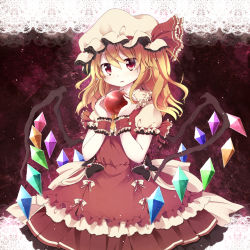 Rule 34 | 1girl, adapted costume, alternate costume, apple, bad id, bad pixiv id, blonde hair, bow, dress, flandre scarlet, food, frills, fruit, fuuen (akagaminanoka), hat, hat ribbon, highres, mob cap, parted lips, puffy short sleeves, puffy sleeves, red dress, red eyes, ribbon, shirt, short sleeves, side ponytail, solo, touhou, wings, wrist cuffs